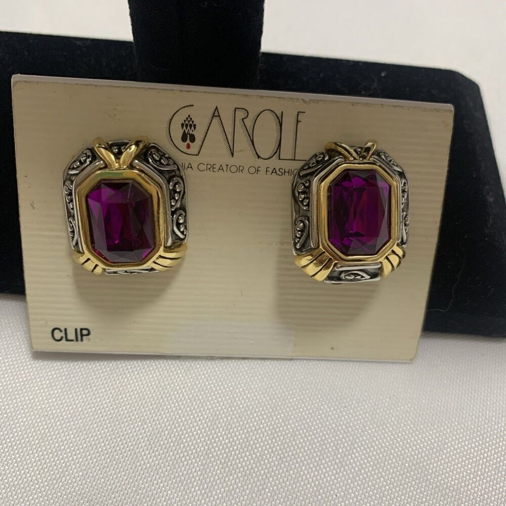 Vintage Carole Two Tones Clip Earrings Designer Jewelry Amethyst Stone